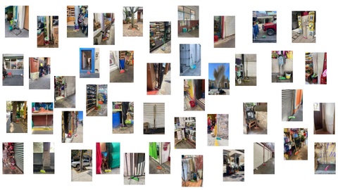 Small photographs of brooms scattered across a white background.