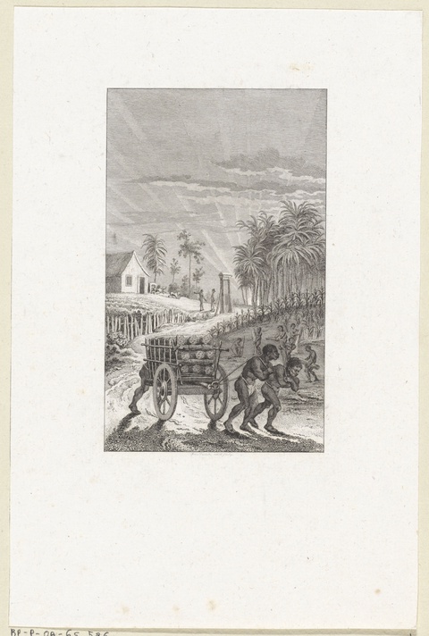 A black and white engraving shows an idyllic plantation landscape. In the background, a white coloni