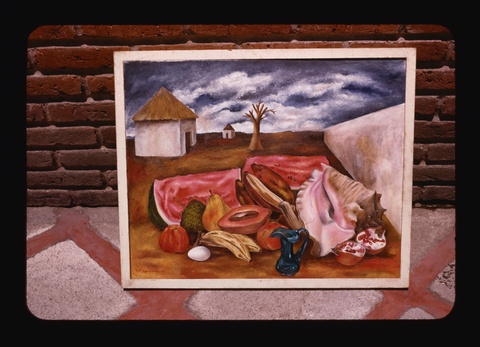 A photograph of a painting on a red and gray tiled floor, leaning against a red brick wall. The pain