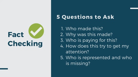 A lecture slide listing questions to ask in a fact checking process.