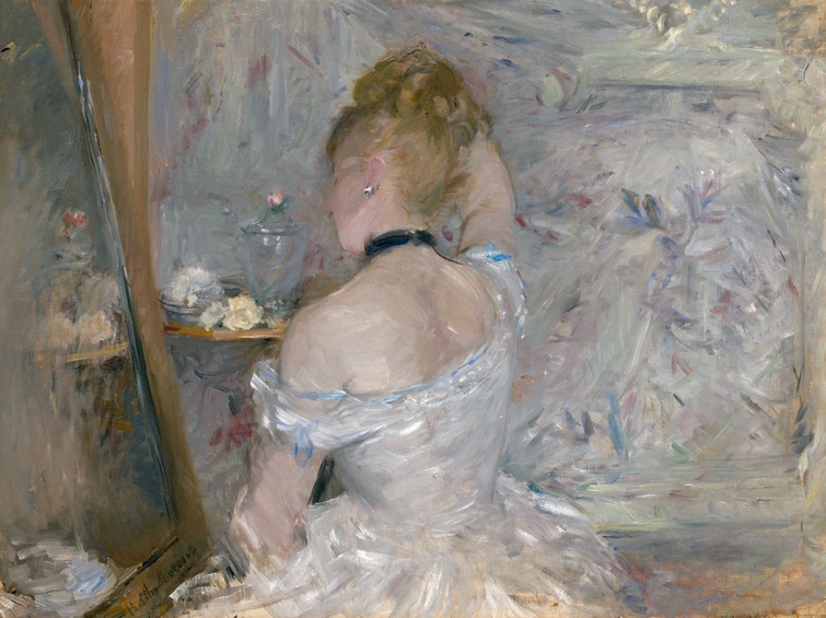 Painted in loose and rapid brushstrokes, a woman wearing a white dress sits in front of her mirror. 