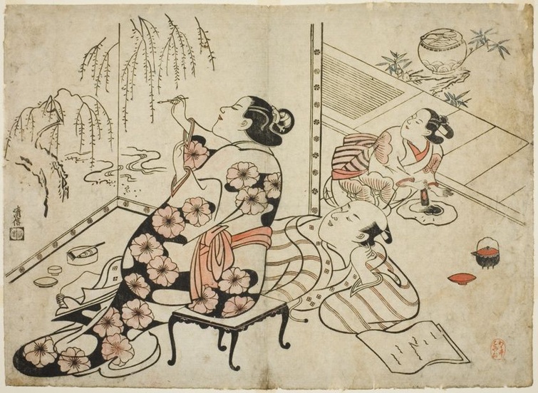 A print on yellowed paper depicts a seated woman in a flowered kimono painting willow fronds onto a 