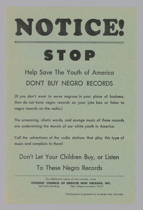 Handbill printed on green paper that reads: "NOTICE! STOP Help Save the Youth of America DON'T BUY N