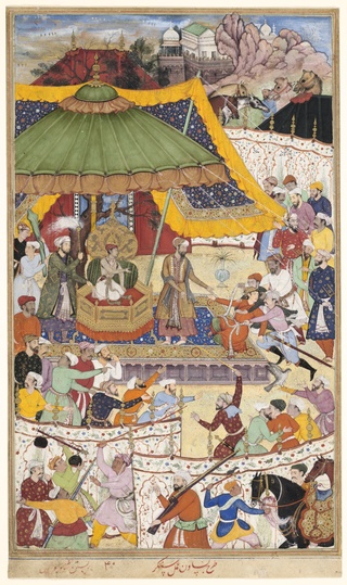 The Young Emperor Akbar Arrests the Insolent Shah Abu’l-Maali, Page from a Manuscript of the Akbarna