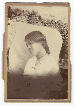 Photographic print of a woman on a stylized background of a scroll and snowscape