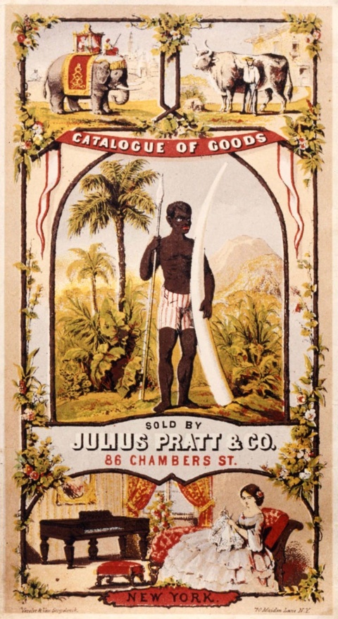 Catalogue cover for goods sold by Julius Pratt & Co. At the center is a representation of a black ma