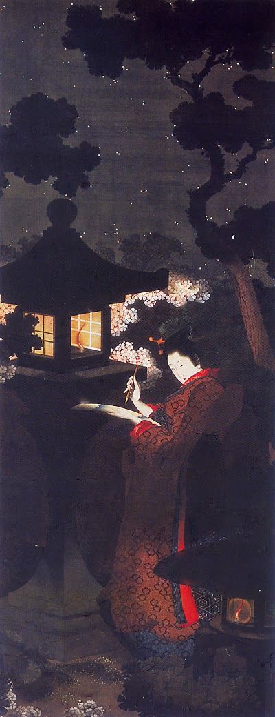 The vertical portrait-orientation of this hanging scroll and darkness surrounding the edges allows b