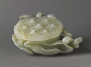 Carved white jade flower form bowl and cover with stand