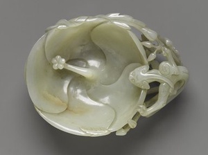 Carved white jade leaf for bowl and stand