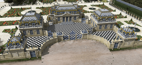 Digitally rendered bird’s-eye illustration of Versailles’s Porcelain Trianon, showing five blue-and-