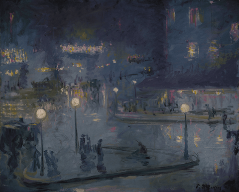 Impressionist painting of a public place at night.