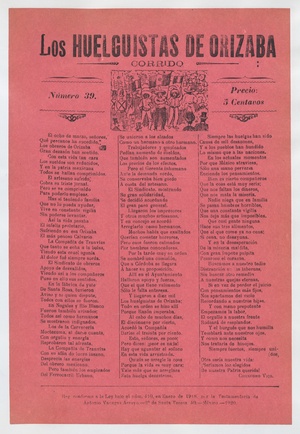 Broadsheet relating to a worker's strike in Orizaba, workers holding up the Mexican flag, flanked by
