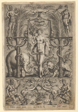 Allegory of Africa, from "The Four Continents", ca. 1590–1600, publisher Philips Galle, Netherlandis