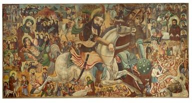 An oil painting depicting the Battle of Karbala and related scenes. Abbas rides a white horse in the