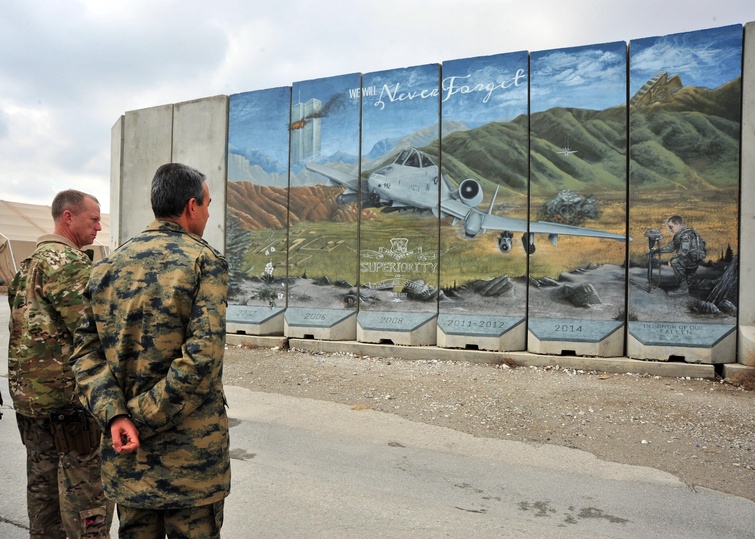 Two men in army camouflage stand outside under gray skies, looking at a mural painted on a series of
