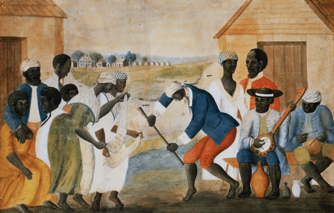 Watercolor painting showing enslaved people dancing and playing instruments outdoors. A gourd banjo 