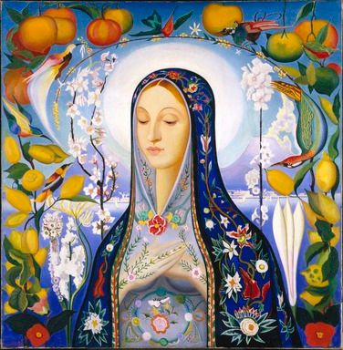  A 1926 oil on canvas painting by Joseph Stella. The Virgin Mary is depicted with a halo around her 