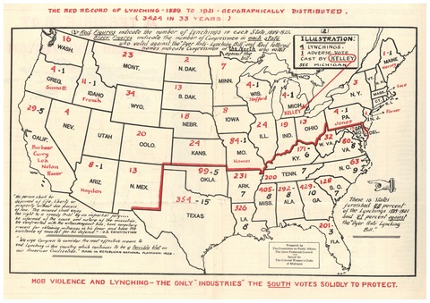 A map of the 48 lower United States of America marked with red ink on each state to indicate the lyn