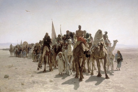 Realistic painting depicts a pilgrims' caravan, a group of hundreds traversing a sandy desert to Mec