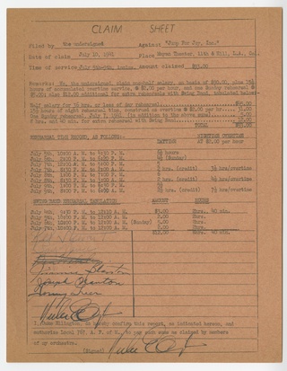 Claim sheet for unpaid salary for orchestra musicians