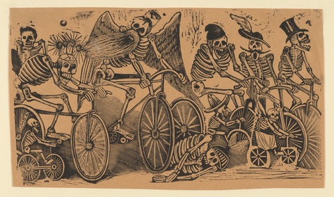 Skeletons (calaveras) riding bicycles