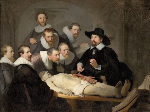 An oil painting depicts a group of men in frilly collars and beards gathering around a corpse, while