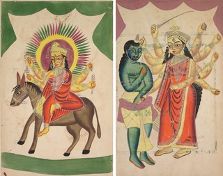 Leaf from a Kalighat album: Sheetaladevi: The Smallpox Goddess (recto); Durga (verso), c. 1890, East