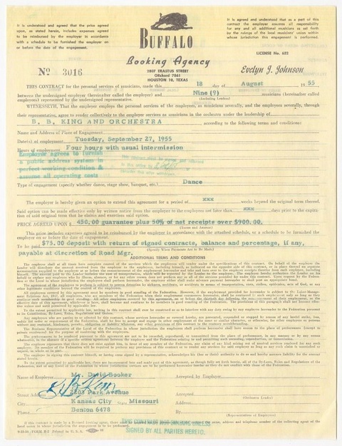 A typewritten ink on Buffalo Booking Agency letterhead, contract "No. 3016" for a performance of "Fo