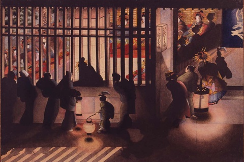A hanging scroll with color on paper of courtesans in a pleasure quarter, lamplight and shadows spil