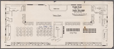  A printed floor plan of the Savoy Ballroom with a few handwritten annotations. 