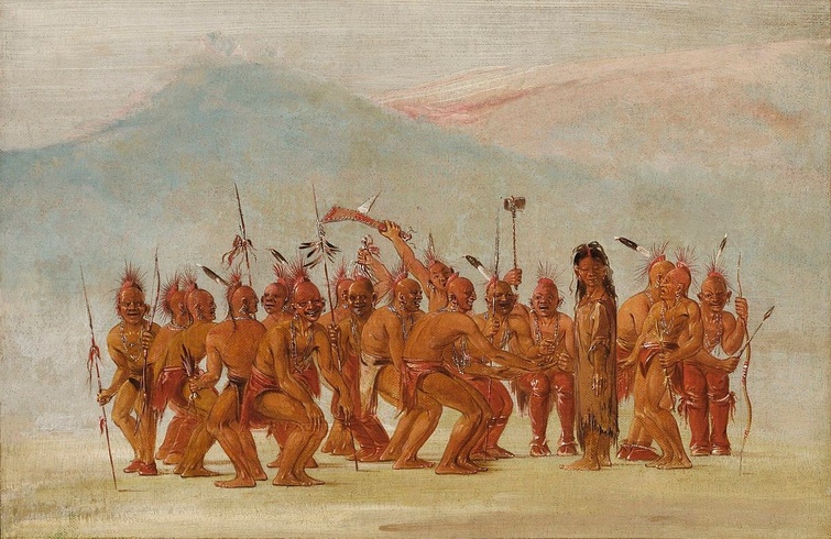 A painting depicting the Fox tribe dancing. The men wear headdresses and carry staffs, axes, and hat