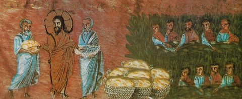 An icon depicts a Christ figure touching bread and fish on one side of the composition while a group