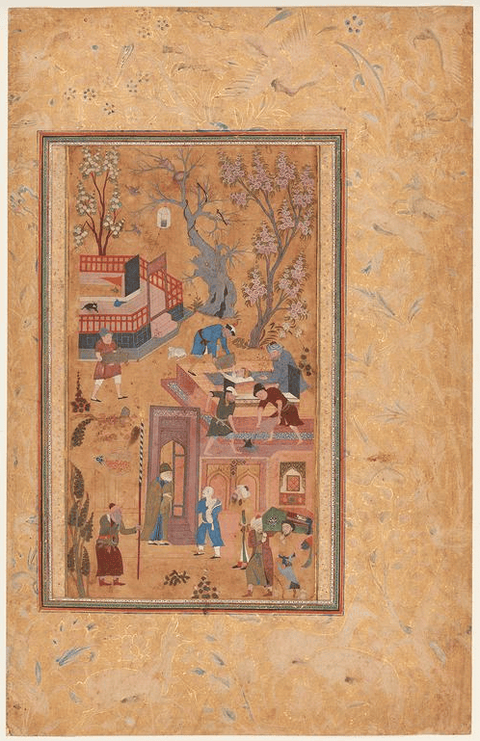 This scene illustrates a story from a Persian poem called Mantiq al-Tair (Language of the Birds), in