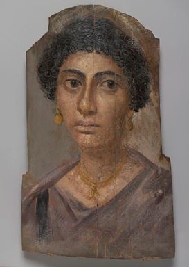 A realistic portrait from the chest up of a young woman wearing earrings and a purple robe.